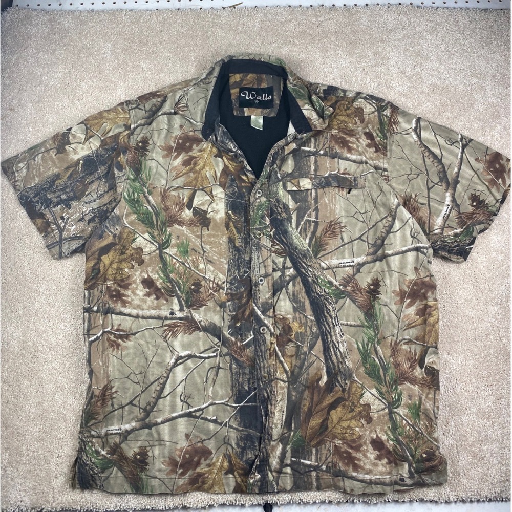Walls Realtree AP Camo Button Down Shirt Mens 2XL Short Sleeve Cotton Hunting